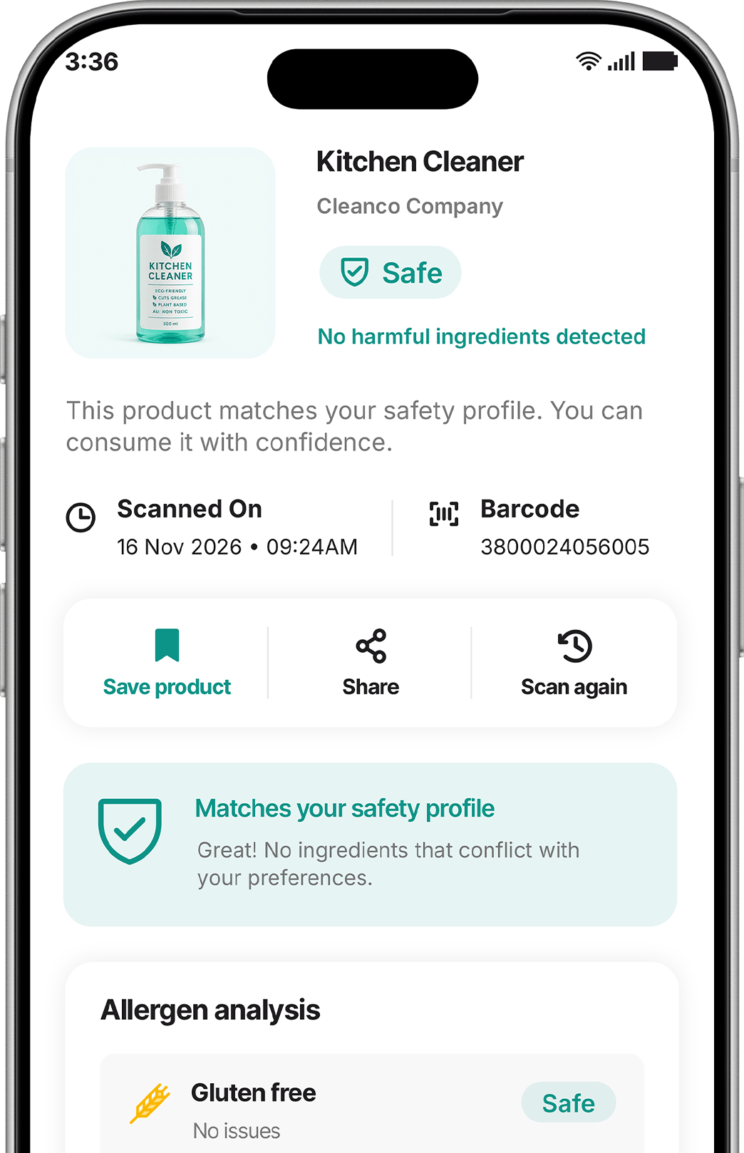 SafeIntake Household app, Kitchen Cleaner scan result